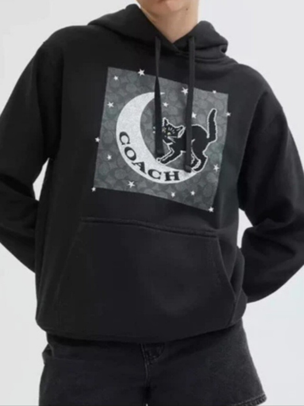 Coach Black Crewneck Hoodie with Moon & Cat Graphic